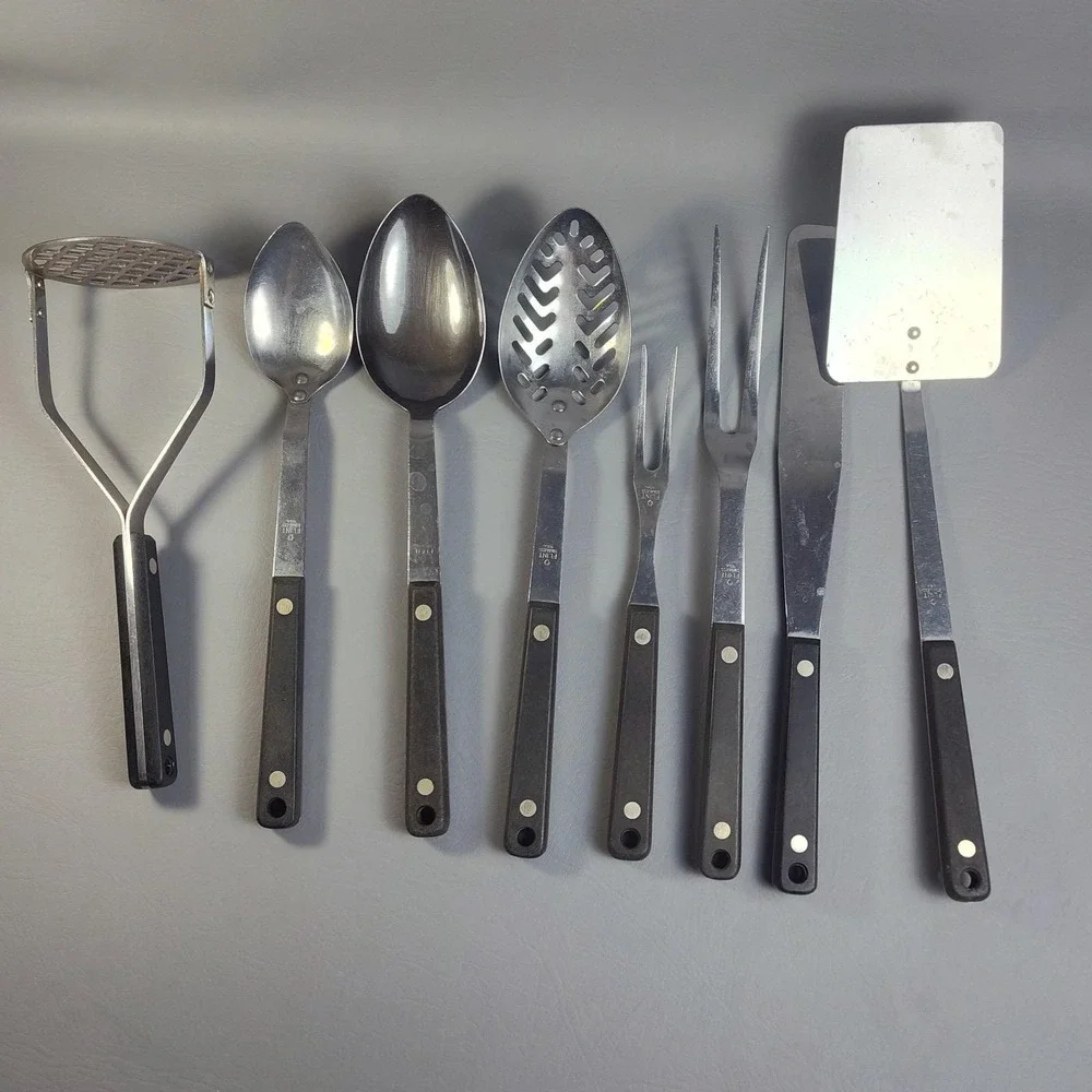 Vintage FLINT ARROWHEAD Stainless Steel Utensils SET Of 8 USA Spatula Spoons